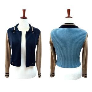 Cabi Women's Turn Back Colorblock Tan Blue Cropped Sweater Cardigan Knit Sm